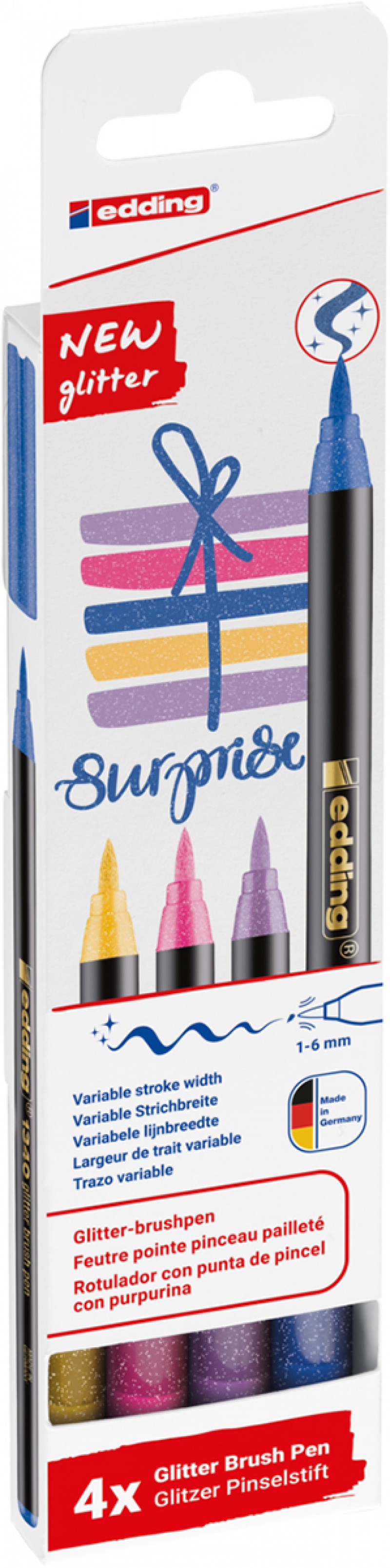 Pisak z końcówką pędzelkowatą e-1340 EDDING, 1-6mm, 4 szt., mix kolorów brokatowych