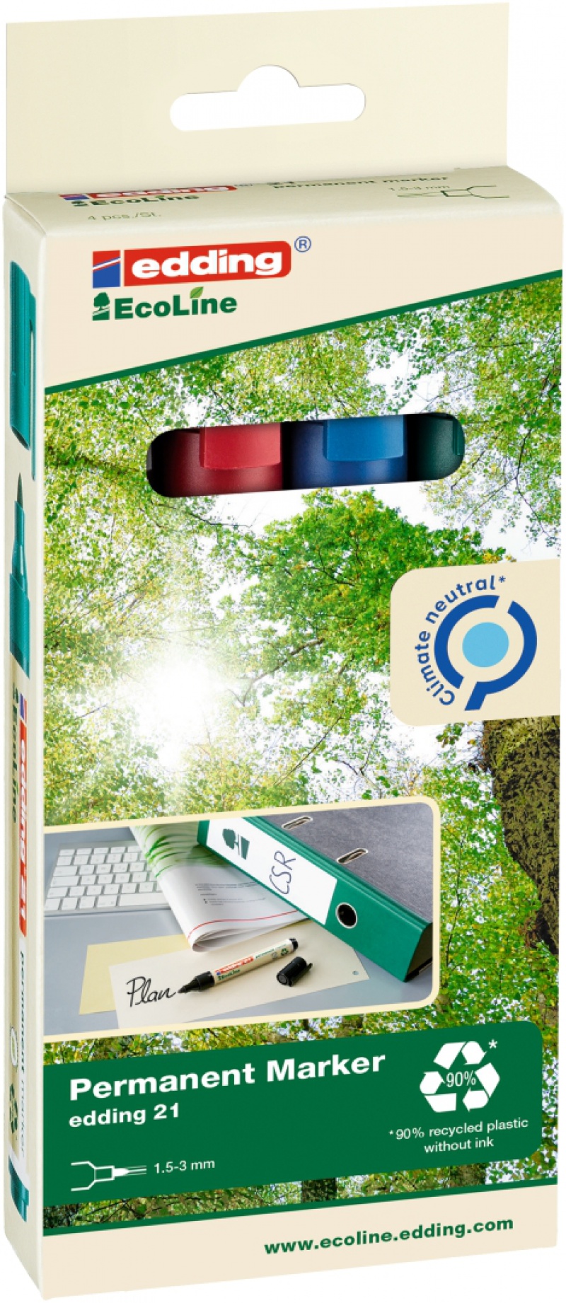 Marker permanentny e-21 EcoLine EDDING, 1,5-3 mm, 4 szt., mix kolorów