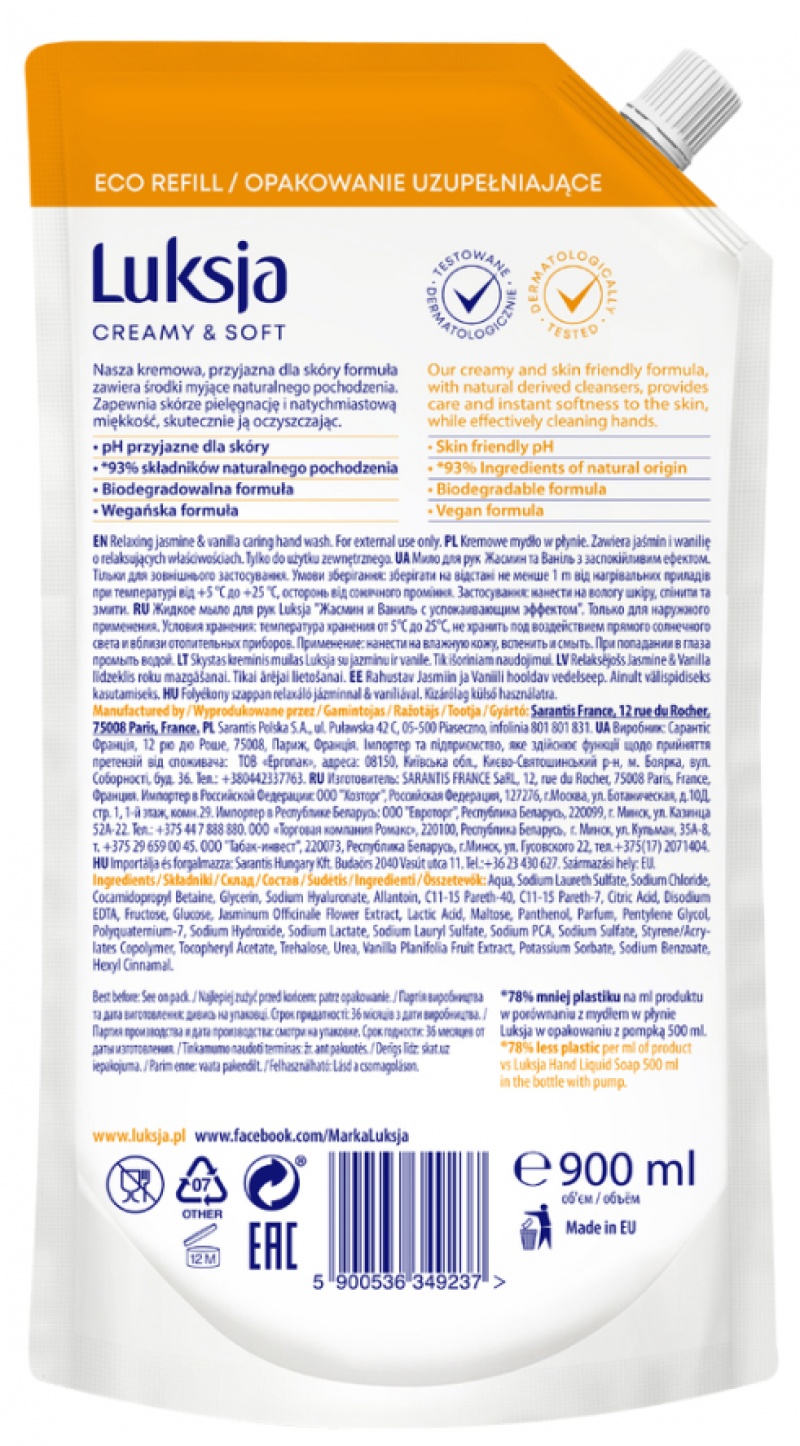 Kremowe mydło w płynie LUKSJA, jaśmin, zapas 900ml