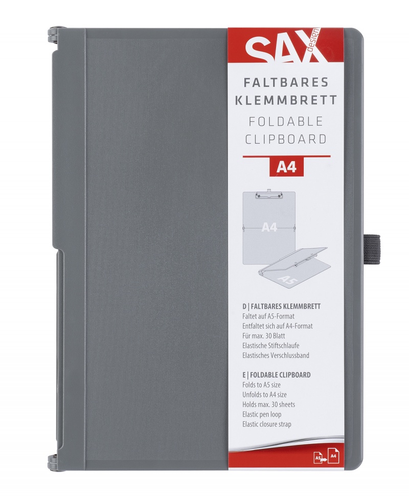 Clipboard składany SAX, PP, A5/A4, z met. klipsem, z gumką i uchwytem na długopis, szary