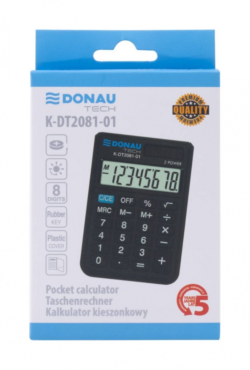 Kalkulator kieszonkowy DONAU TECH, 8-cyfr. wyświetlacz, wym. 90x60x11 mm, czarny