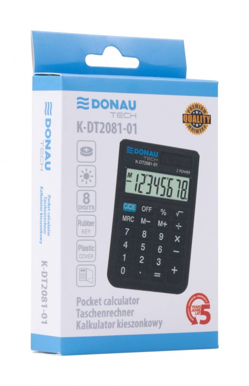 Kalkulator kieszonkowy DONAU TECH, 8-cyfr. wyświetlacz, wym. 90x60x11 mm, czarny
