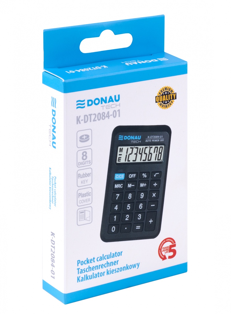Kalkulator kieszonkowy DONAU TECH, 8-cyfr. wyświetlacz, wym. 97x62x11 mm, czarny
