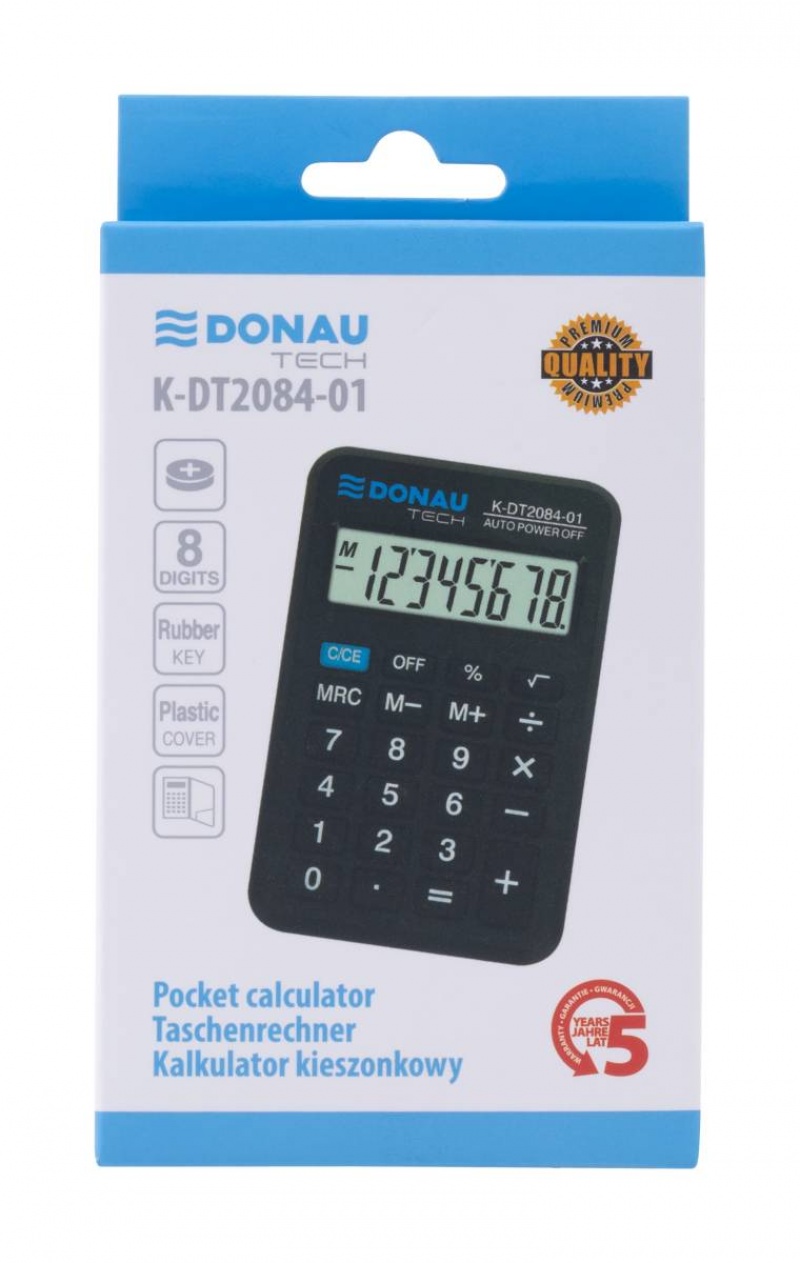 Kalkulator kieszonkowy DONAU TECH, 8-cyfr. wyświetlacz, wym. 97x62x11 mm, czarny