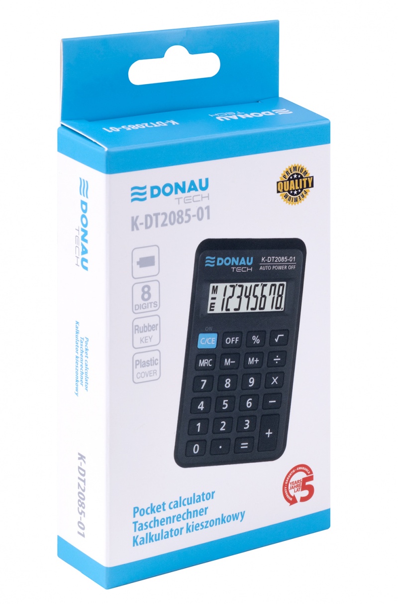Kalkulator kieszonkowy DONAU TECH, 8-cyfr. wyświetlacz, wym. 114x69x19 mm, czarny