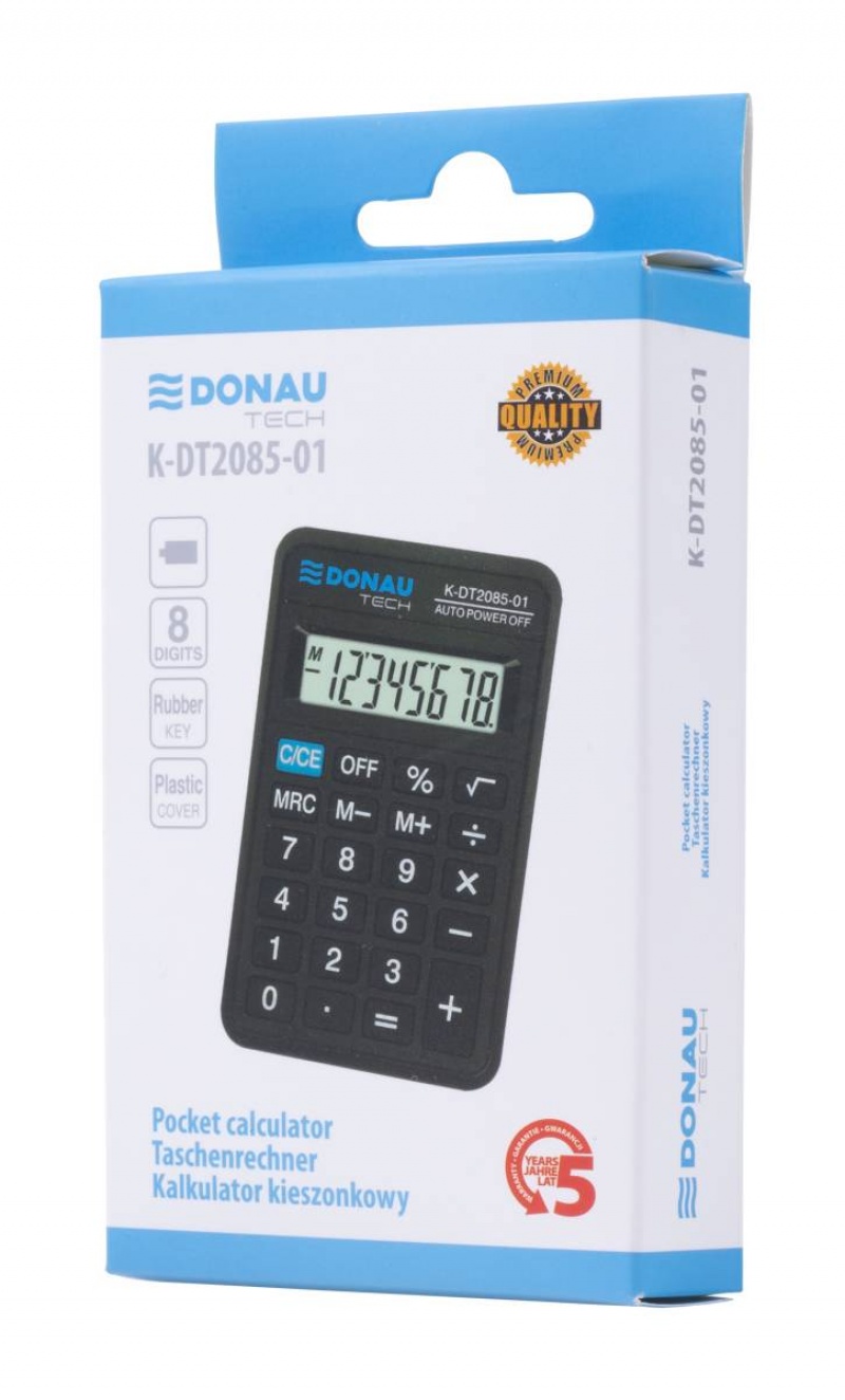 Kalkulator kieszonkowy DONAU TECH, 8-cyfr. wyświetlacz, wym. 114x69x19 mm, czarny