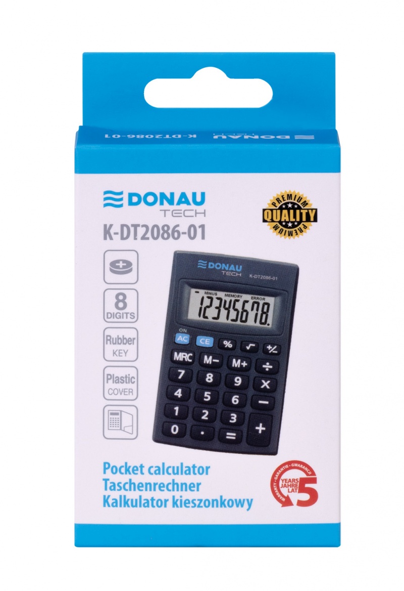 Kalkulator kieszonkowy DONAU TECH, 8-cyfr. wyświetlacz, wym. 85x56x9 mm, czarny