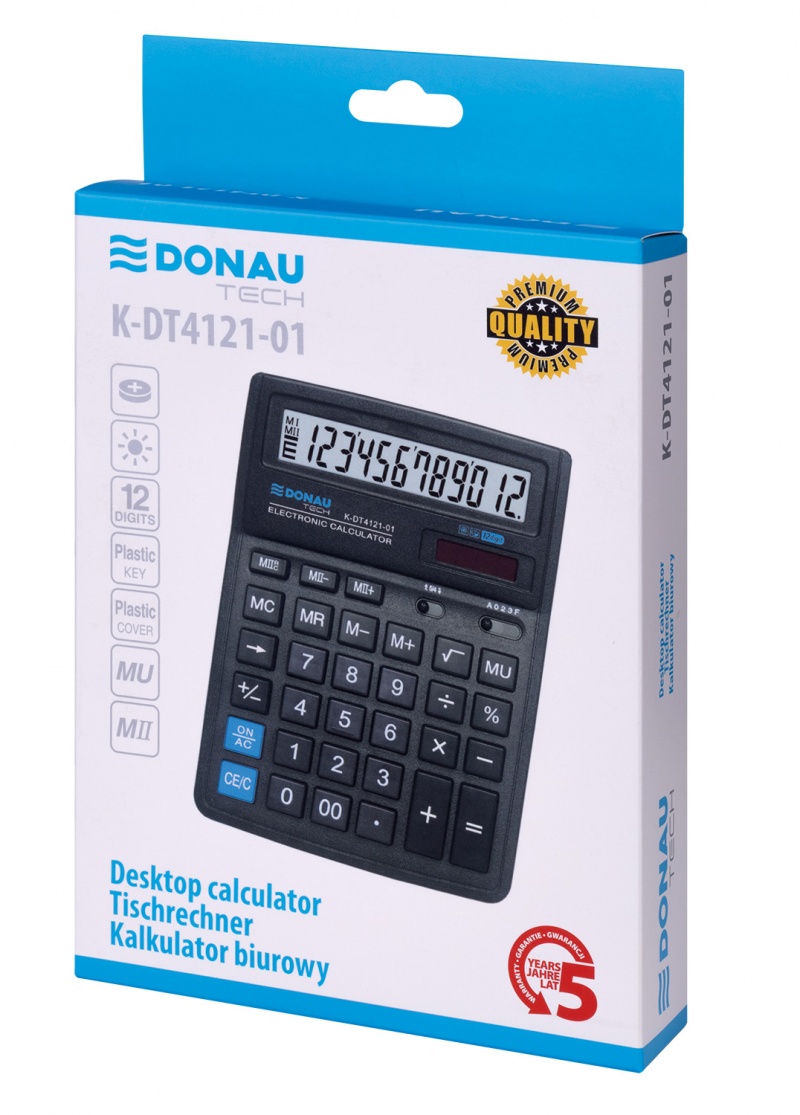 Kalkulator biurowy DONAU TECH, 12-cyfr. wyświetlacz, wym. 190x143x40 mm, czarny