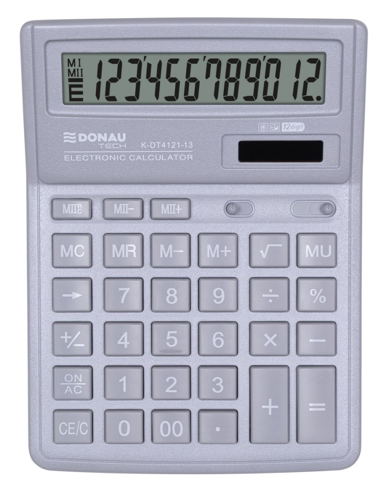 Kalkulator biurowy DONAU TECH, 12-cyfr. wyświetlacz, wym. 190x143x40 mm, srebrny