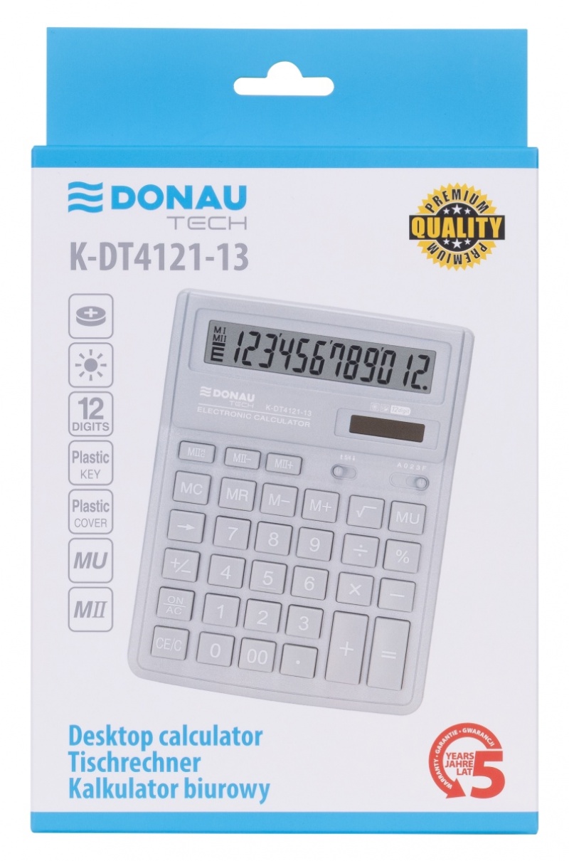 Kalkulator biurowy DONAU TECH, 12-cyfr. wyświetlacz, wym. 190x143x40 mm, srebrny