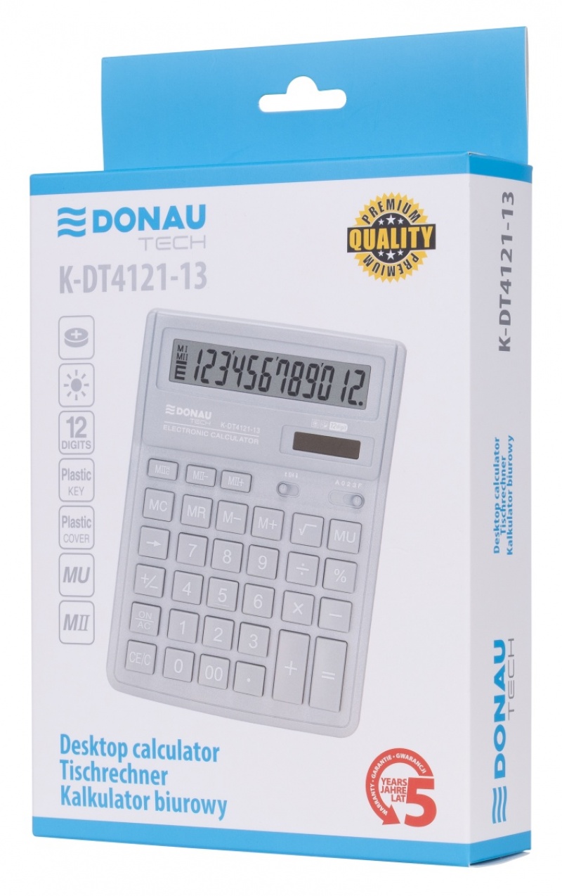 Kalkulator biurowy DONAU TECH, 12-cyfr. wyświetlacz, wym. 190x143x40 mm, srebrny