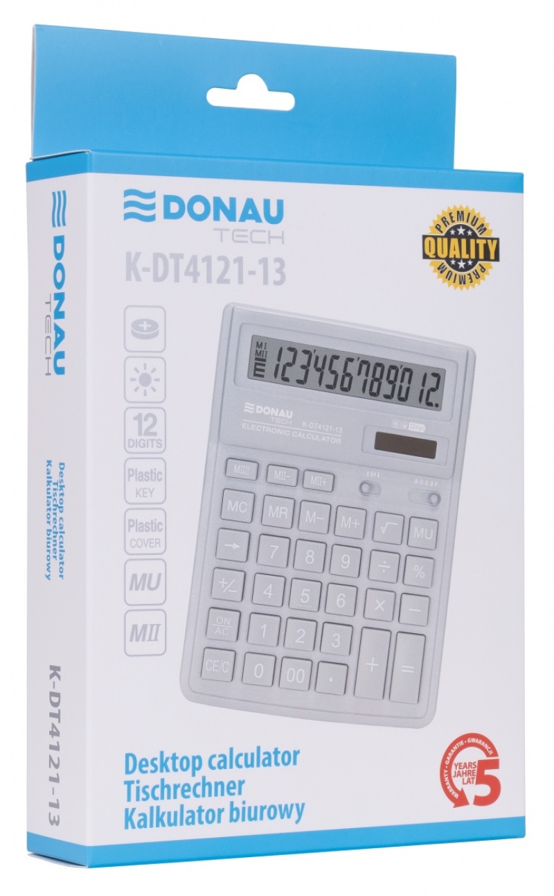 Kalkulator biurowy DONAU TECH, 12-cyfr. wyświetlacz, wym. 190x143x40 mm, srebrny
