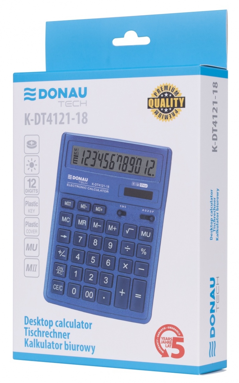 Kalkulator biurowy DONAU TECH, 12-cyfr. wyświetlacz, wym. 190x143x40 mm, granatowy