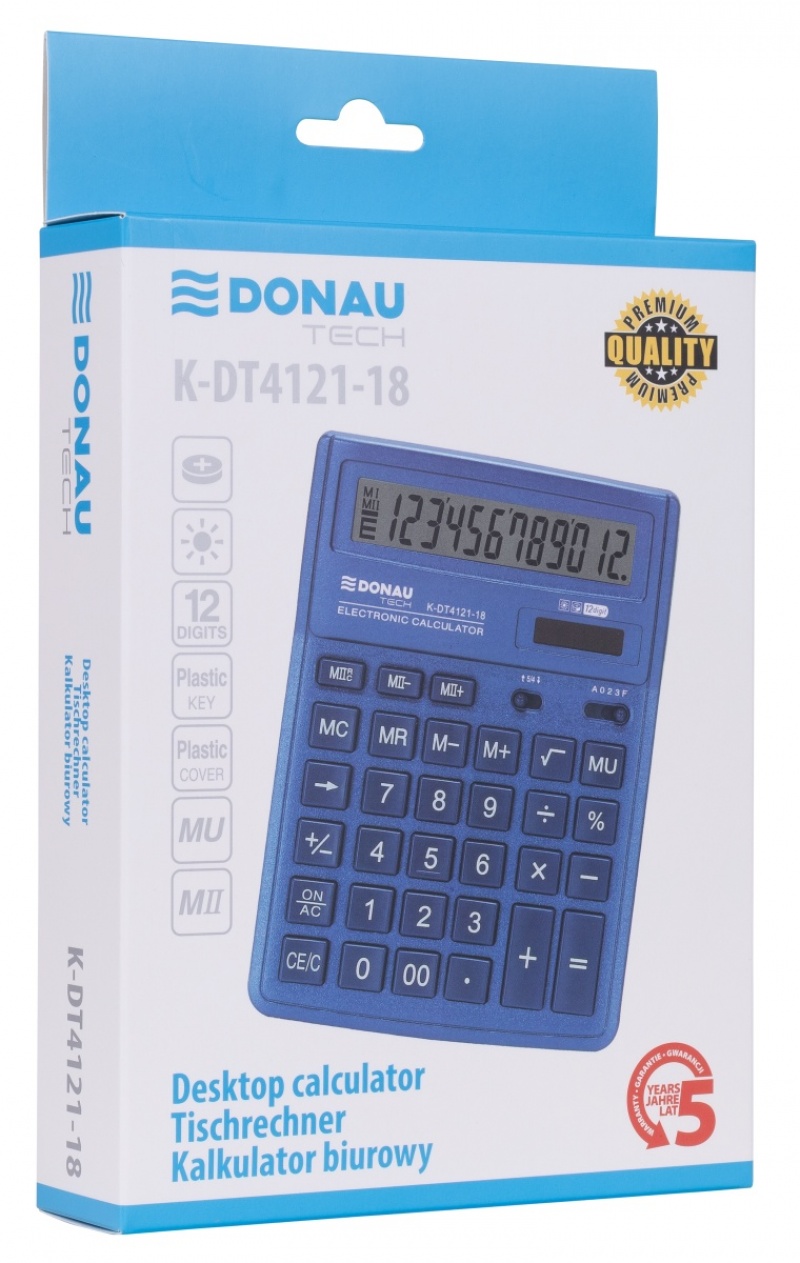 Kalkulator biurowy DONAU TECH, 12-cyfr. wyświetlacz, wym. 190x143x40 mm, granatowy