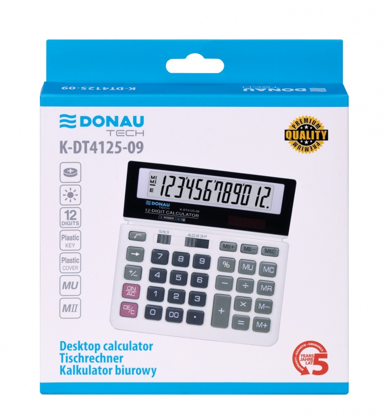 Kalkulator biurowy DONAU TECH, 12-cyfr. wyświetlacz, wym. 155x152x28 mm, biały