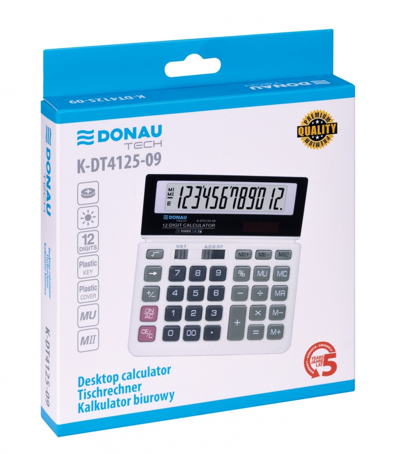 Kalkulator biurowy DONAU TECH, 12-cyfr. wyświetlacz, wym. 155x152x28 mm, biały