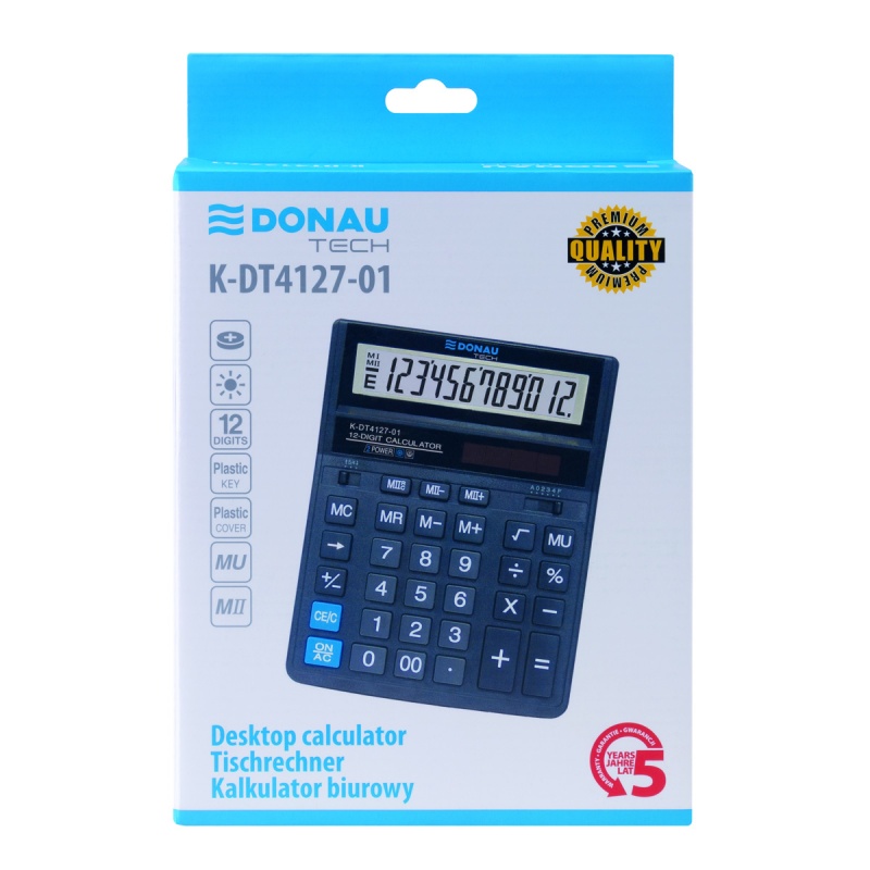 Kalkulator biurowy DONAU TECH, 12-cyfr. wyświetlacz, wym. 203x158x31 mm, czarny