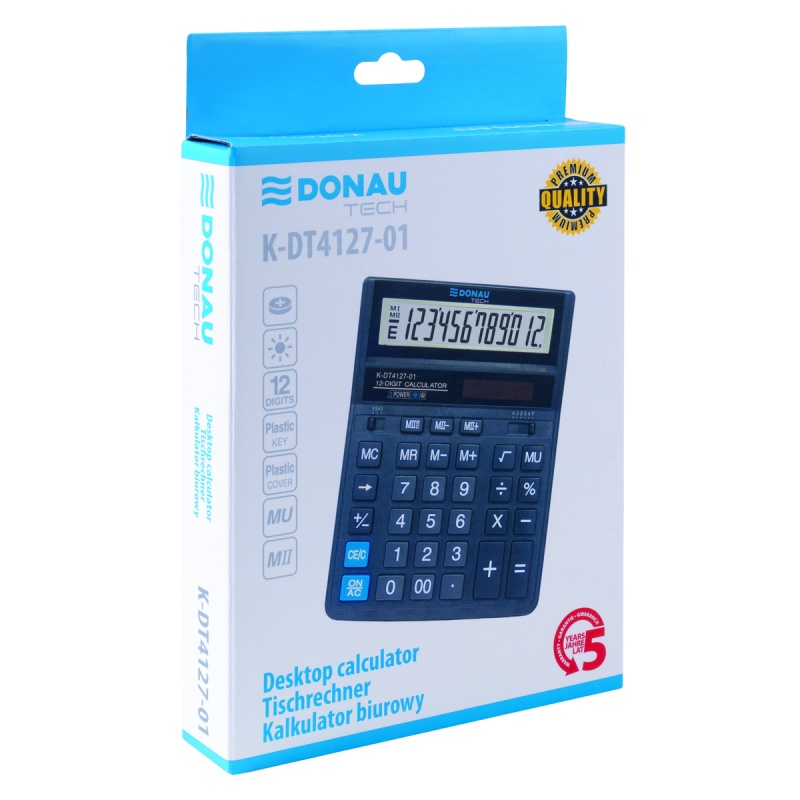 Kalkulator biurowy DONAU TECH, 12-cyfr. wyświetlacz, wym. 203x158x31 mm, czarny