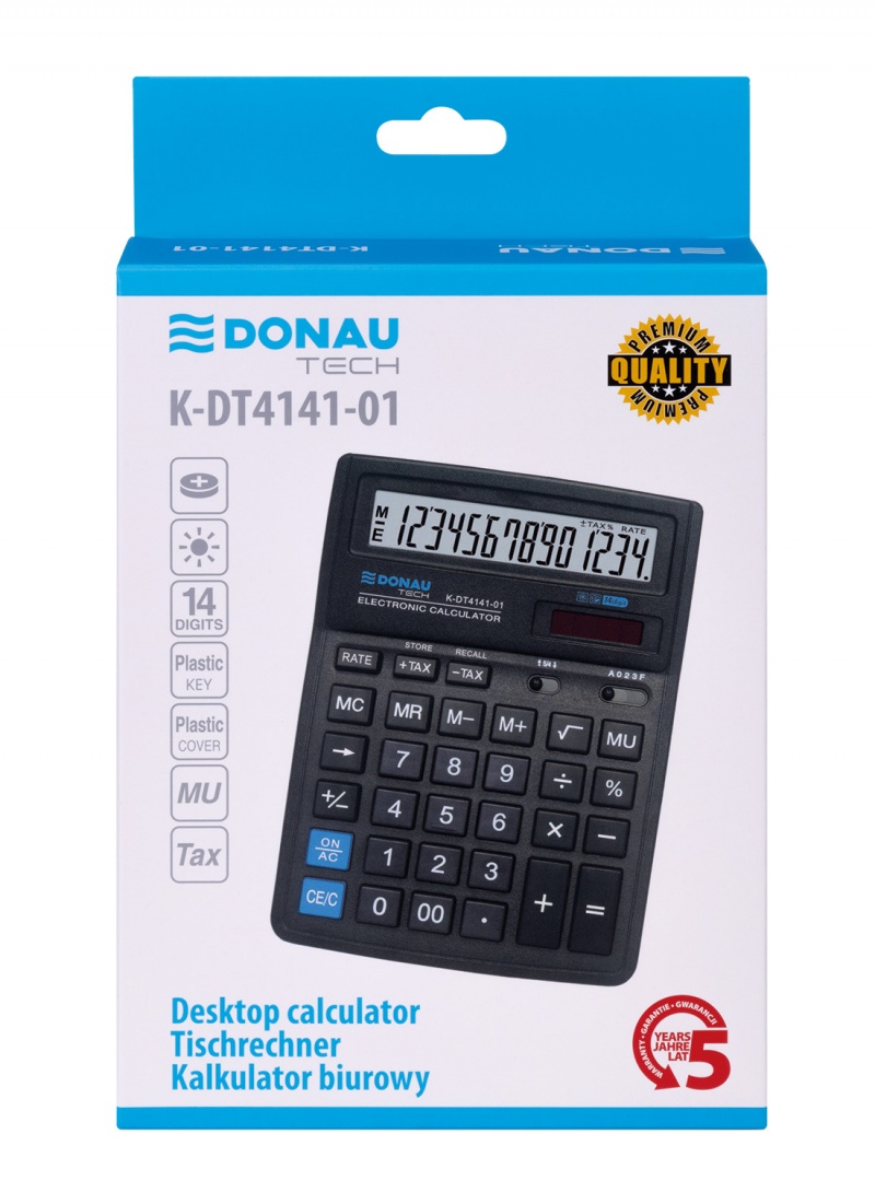 Kalkulator biurowy DONAU TECH, 14-cyfr. wyświetlacz, wym. 190x143x40 mm, czarny