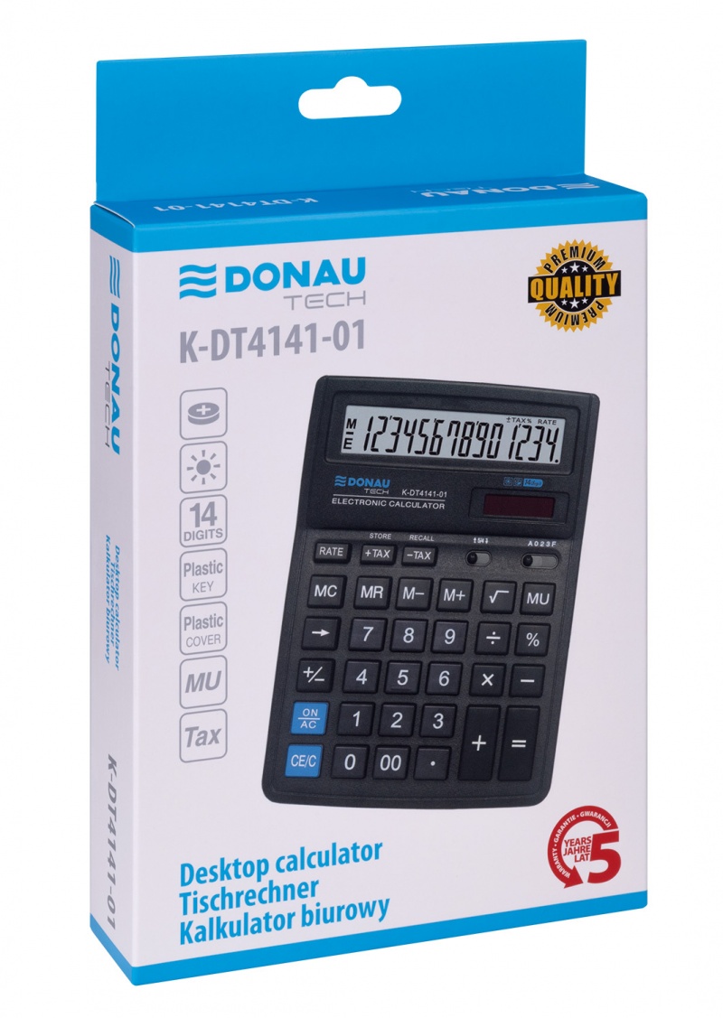 Kalkulator biurowy DONAU TECH, 14-cyfr. wyświetlacz, wym. 190x143x40 mm, czarny
