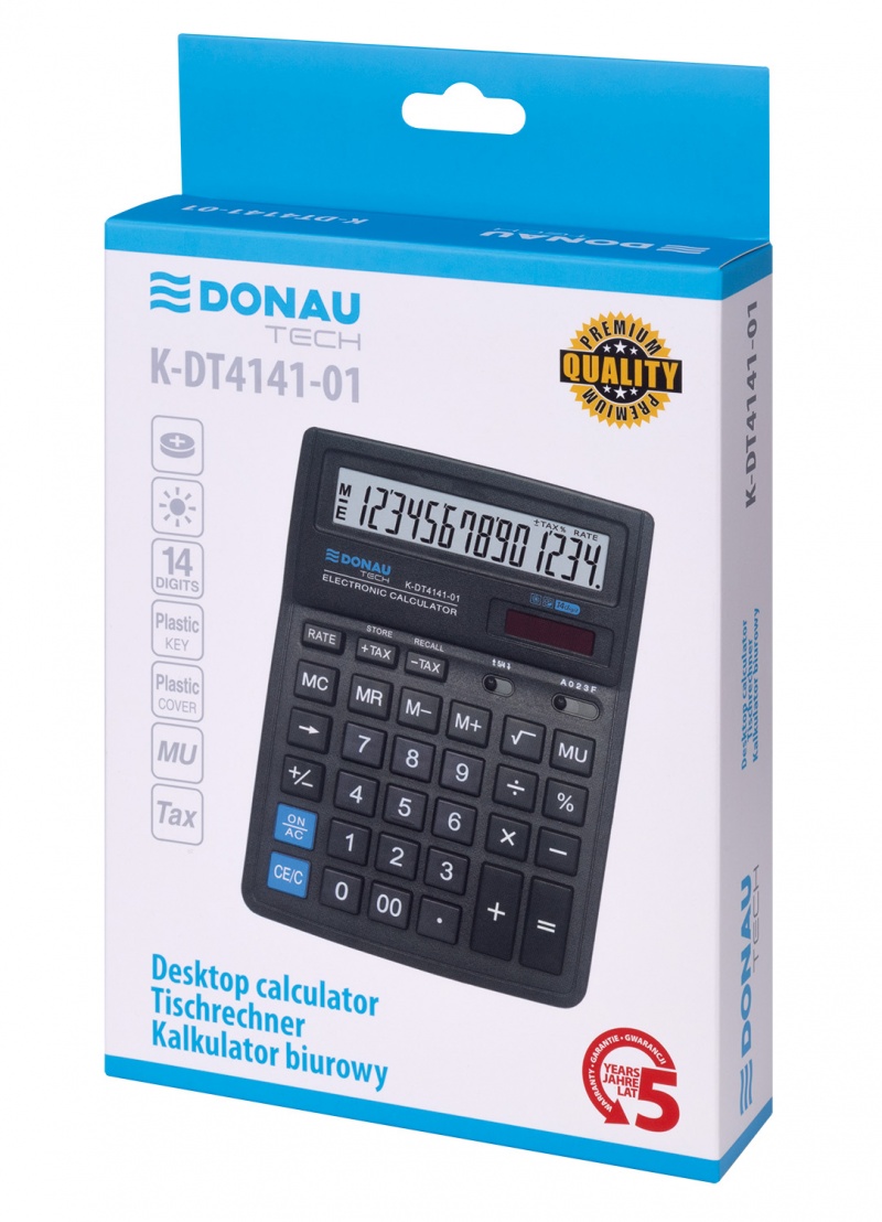 Kalkulator biurowy DONAU TECH, 14-cyfr. wyświetlacz, wym. 190x143x40 mm, czarny
