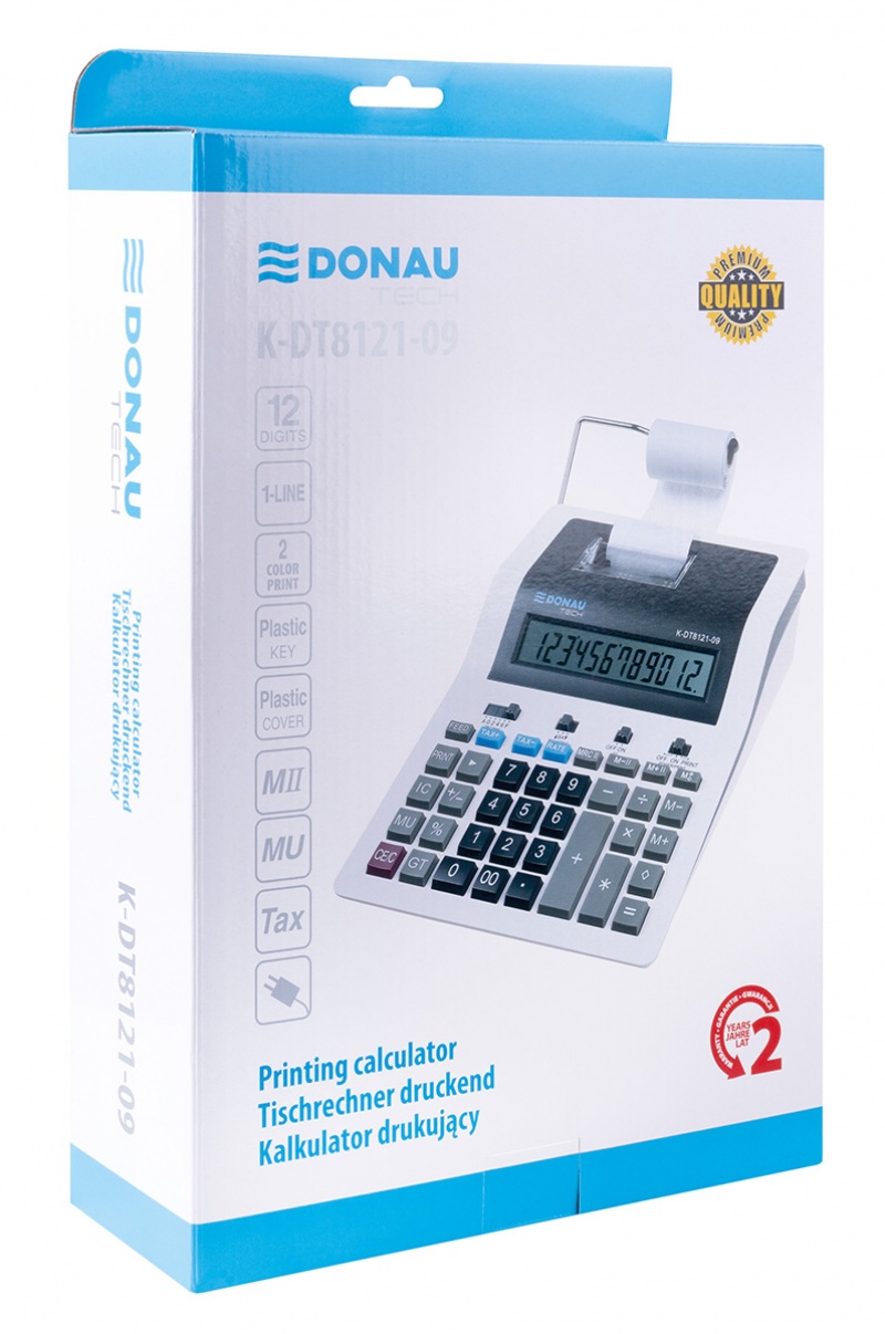 Kalkulator drukujący DONAU TECH, 12-cyfr. wyświetlacz, wym. 267x202x77 mm, biały