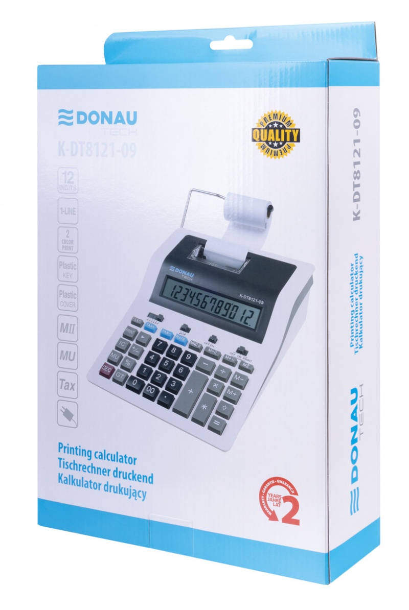 Kalkulator drukujący DONAU TECH, 12-cyfr. wyświetlacz, wym. 267x202x77 mm, biały