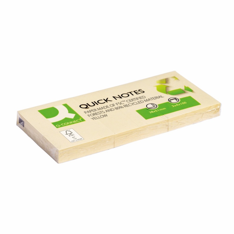 Bloczek samoprzylepny Q-CONNECT Recycled, 38x51mm, 3x100 kart., żółty
