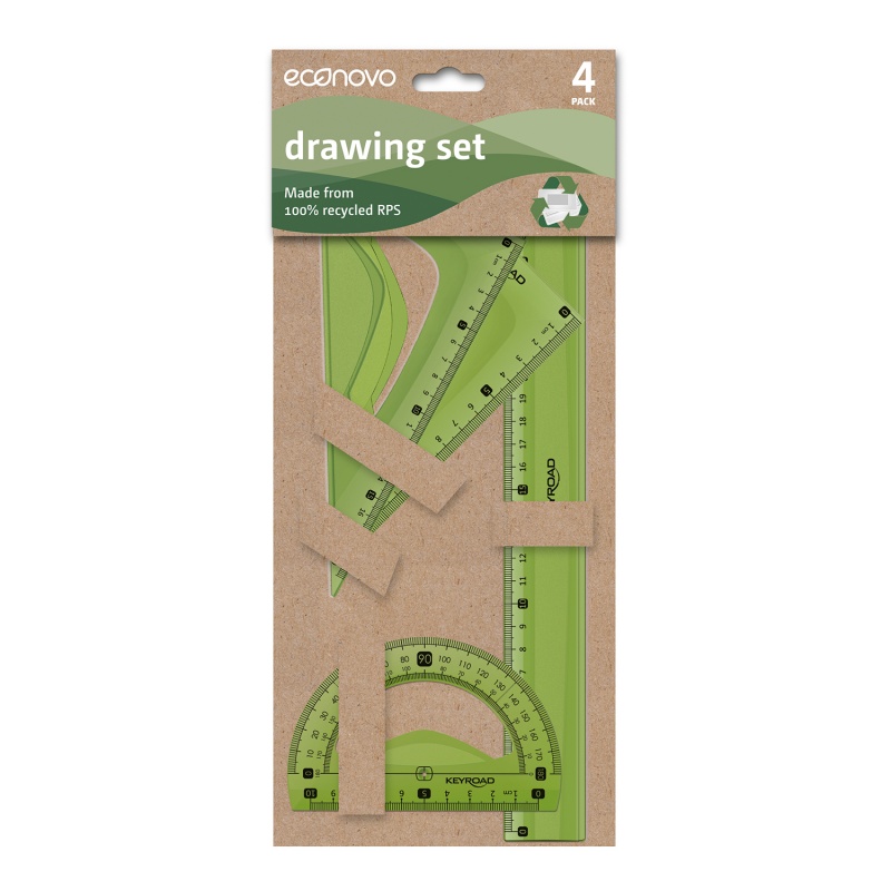 Zestaw geometryczny KEYROAD, z linijką 30cm, z recyklingu, 4 szt., mix kolorów