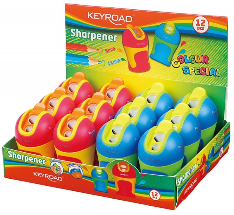 Temperówka KEYROAD Color Mate, plastikowa, podwójna, z pojemnikiem, ostrzenie zaokrąglone, pakowane na displayu, mix kolorów