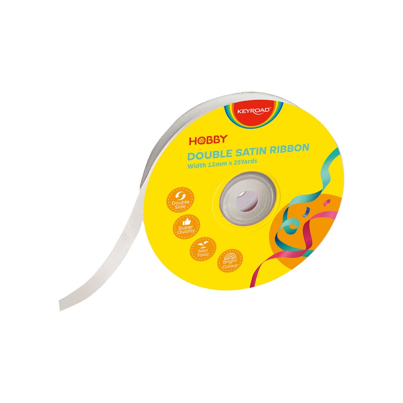 Wstążka KEYROAD, podwójna, satynowa, 12mm x 22,86m, na szpulce, biała
