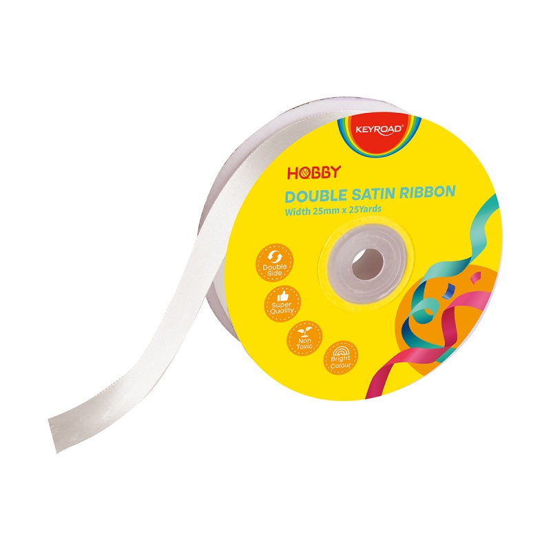 Wstążka KEYROAD, podwójna, satynowa, 25mm x 22,86m, na szpulce, biała