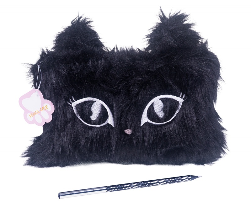 Piórnik-saszetka MEMORIS Fluffy Cat, włochata, na suwak, czarna