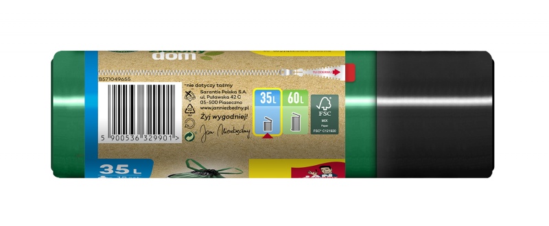 Worki na śmieci JAN NIEZBĘDNY, zielony dom, z taśmą, 35l, 15szt., czarno-zielone