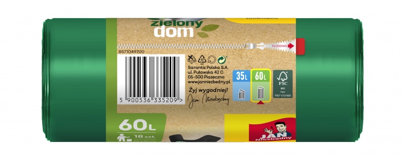 Worki na śmieci JAN NIEZBĘDNY, zielony dom, easy pack, 60l, 18szt., zielone