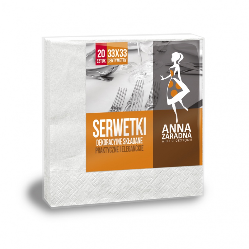 Serwetki ANNA ZARADNA, trójwarstwowe, składane, 33x33cm, 20 szt., białe