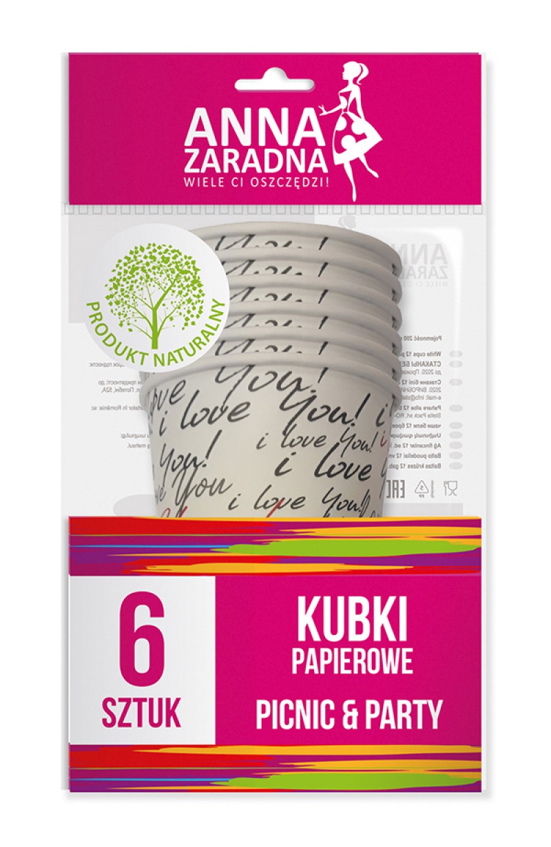 Kubki papierowe ANNA ZARADNA, 200 ml, 6 szt., mix kolorów