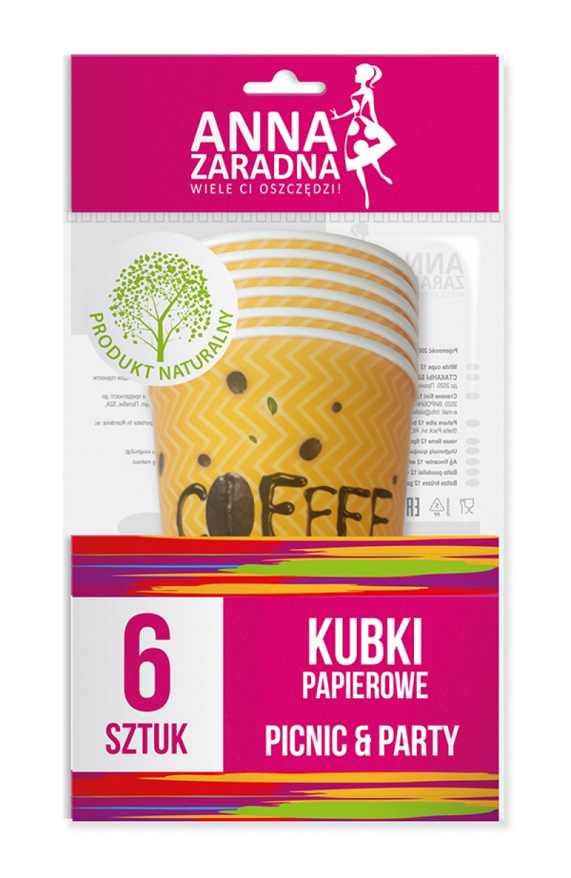 Kubki papierowe ANNA ZARADNA, 200 ml, 6 szt., mix kolorów
