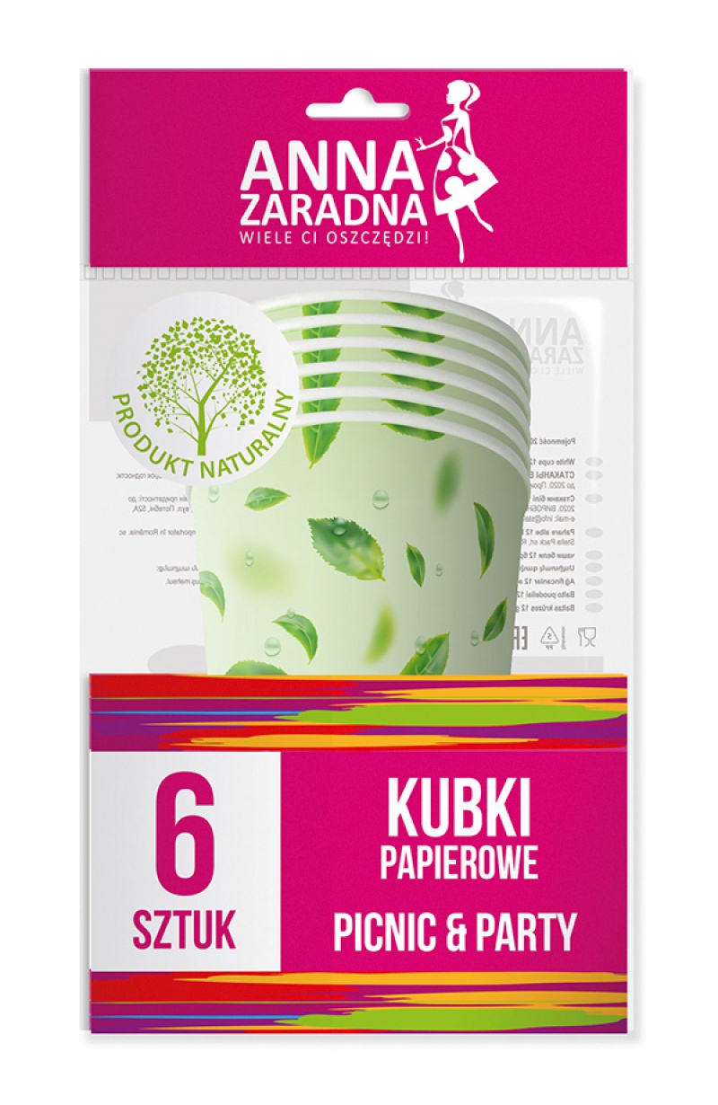 Kubki papierowe ANNA ZARADNA, 200 ml, 6 szt., mix kolorów