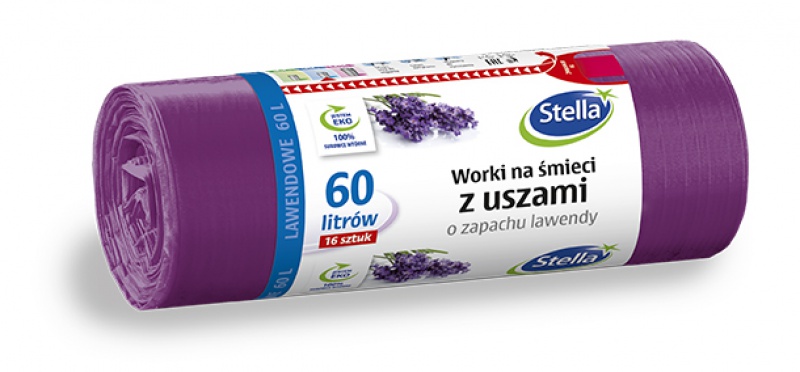 Worki na śmieci STELLA, z uszami, zapach lawendy, 60 l, 16 szt.