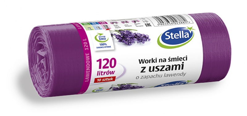Worki na śmieci STELLA, z uszami, zapach lawendy, 120 l, 10 szt.