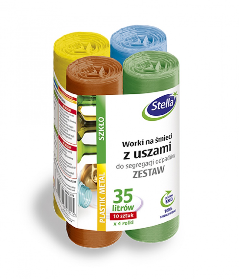 Worki z uszami STELLA, do segregacji odpadów, zestaw, 35 l, 4x10 szt.