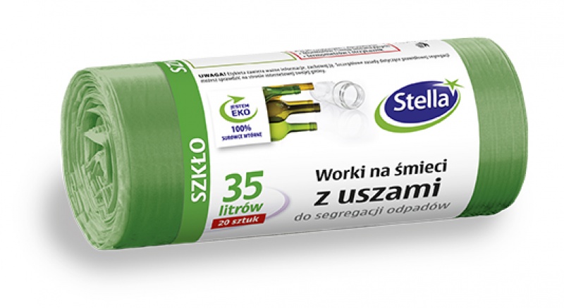 Worki z uszami STELLA, do segregacji szkła, 35 l, 20 szt., zielone