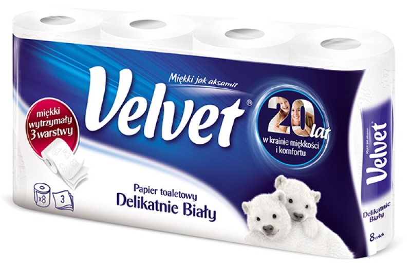 Papier toaletowy celulozowy VELVET Delikatnie Biały, 3-warstwowy, 162 listki, 8szt., biały PAK0080