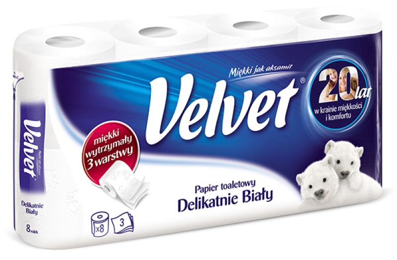 Papier toaletowy celulozowy VELVET Delikatnie Biały, 3-warstwowy, 162 listki, 8szt., biały PAK0080