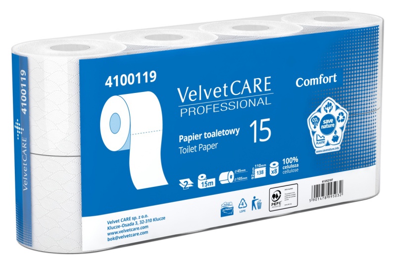Papier toaletowy celulozowy VELVET Professional VLP-4100119, 2-warstwowy, 138 listków, 15m, 8szt., biały