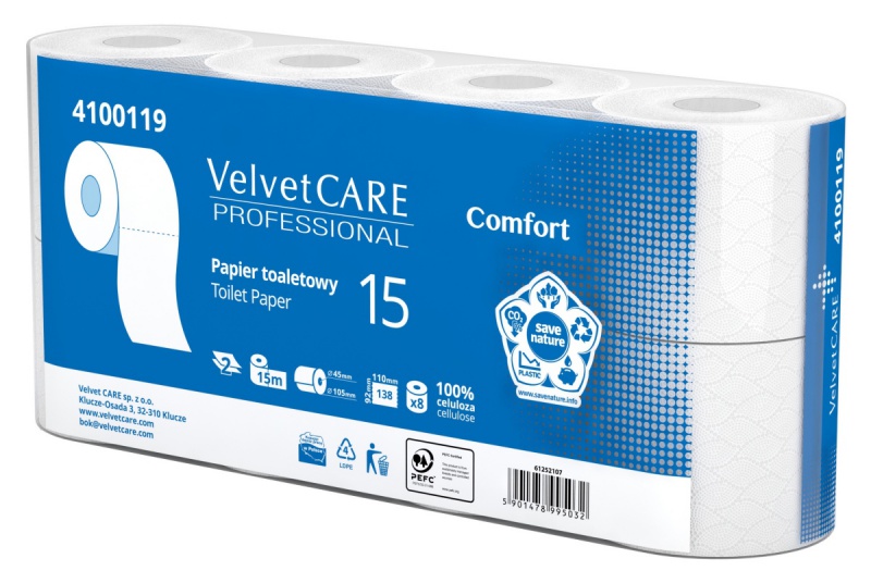 Papier toaletowy celulozowy VELVET Professional VLP-4100119, 2-warstwowy, 138 listków, 15m, 8szt., biały