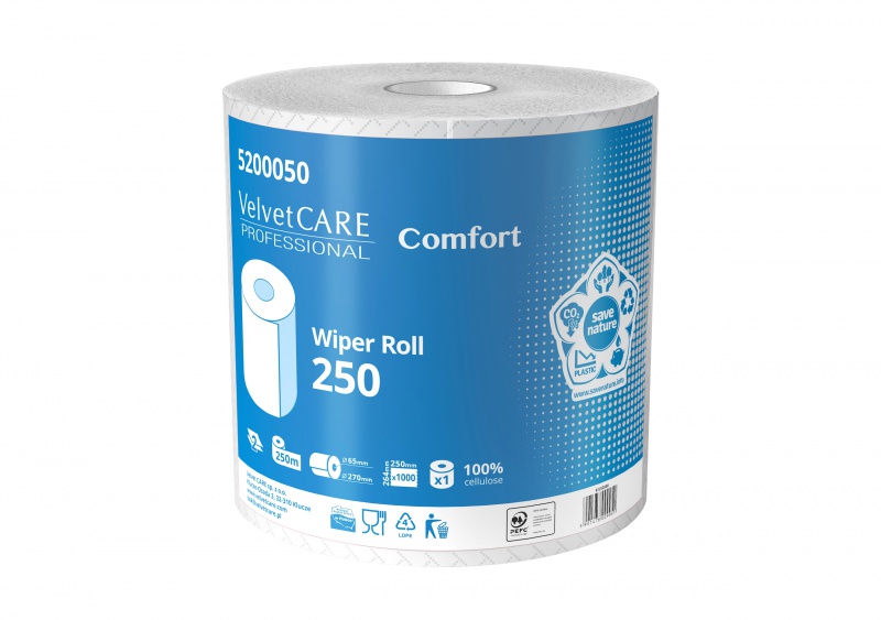 CZYŚCIWO PRZEMYSŁOWE VELVET PROFESSIONAL, 2-WARSTWOWE, 1000 LISTKÓW, 250M, 1SZT., BIAŁE