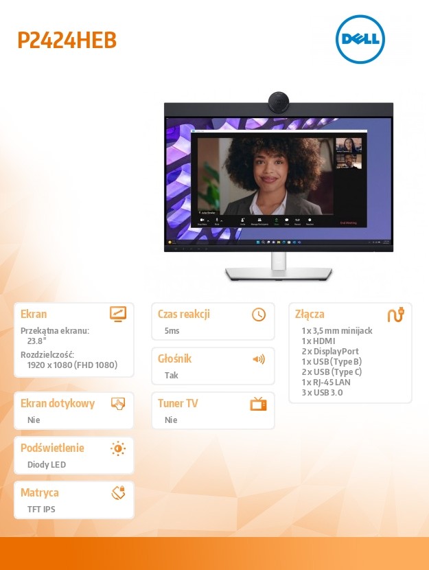 Monitor P2424HEB 23.8 cala LED  IPS Full HD (1920 x1080)/16:9/HDMI/DP/ RJ-45/Kamera/Głośniki/Mikrofon/3YPPG