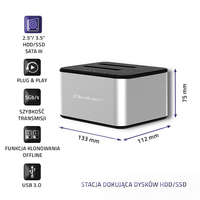 Stacja dokująca dysków 2xHDD/SSD | 2.5"/3.5" SATA | USB 3.0 |    Klonowanie
